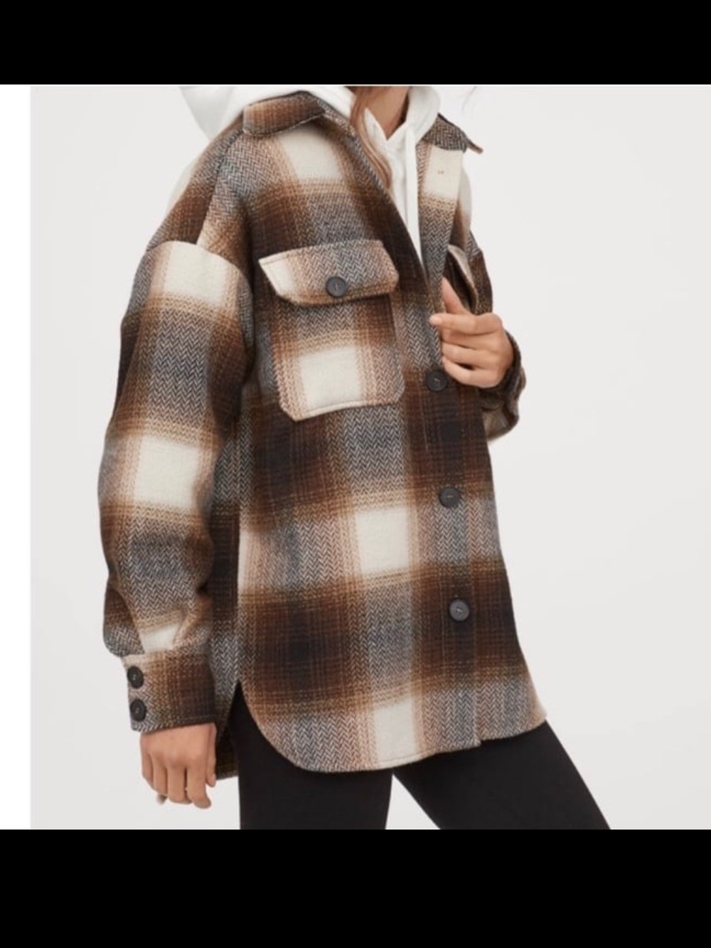 H&M brown/cream herringbone plaid shacket - HTF Blogger fav!!